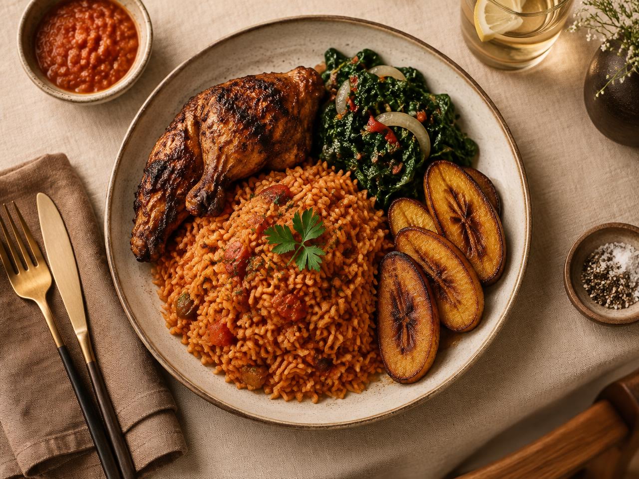 A plated Ghanaian meal of jollof rice, grilled chicken, greens and plantain